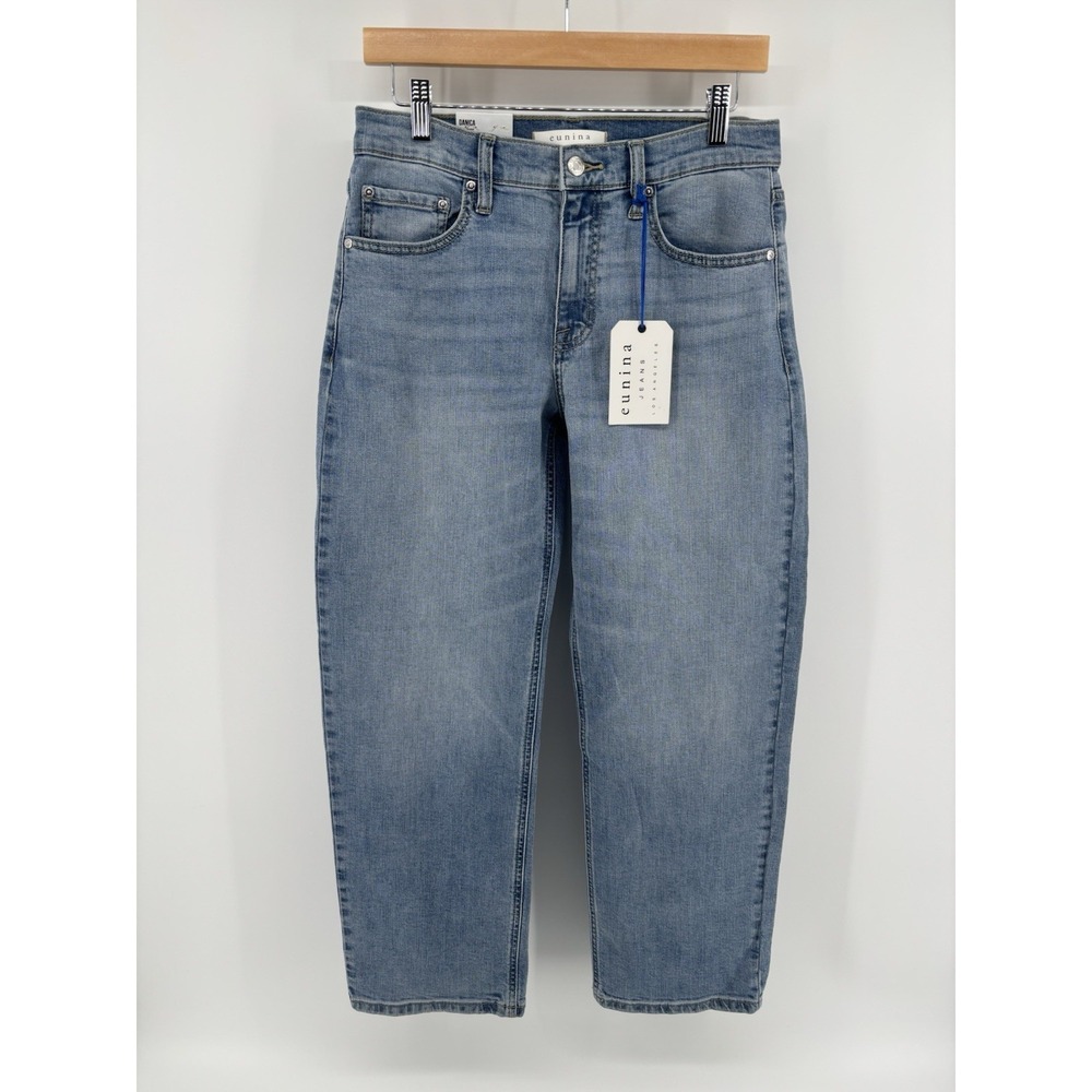 NWT Eunina Danica Bowed Straight Mid Rise Jeans Sz 7/28 Momcore Barrel Style - Picture 6 of 16
